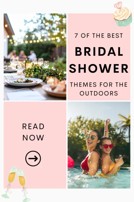 An outdoor party with the text best outdoor bridal shower themes.