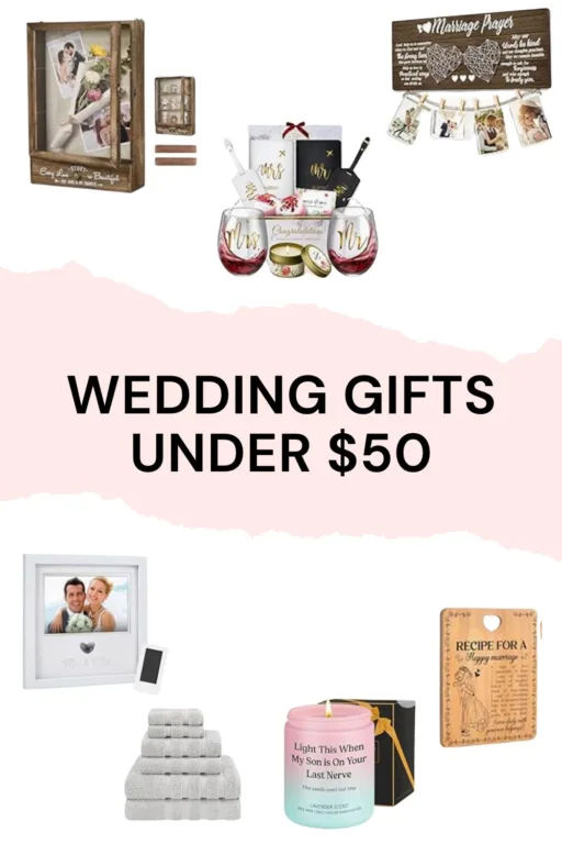 A photo collage of 7 wedding gift ideas under $50.
