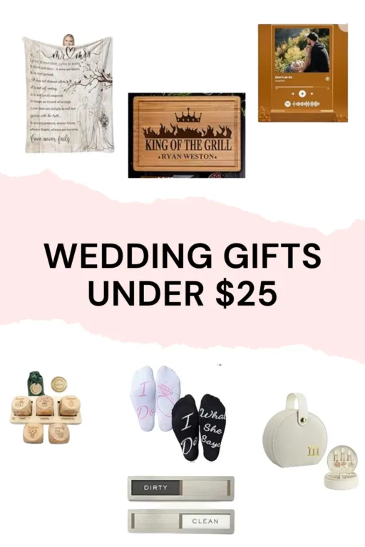 A photo collage of 7 wedding gift ideas under $25.