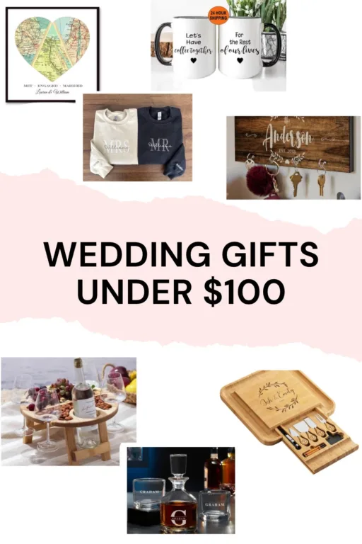 A photo collage of 7 wedding gift ideas under $100.