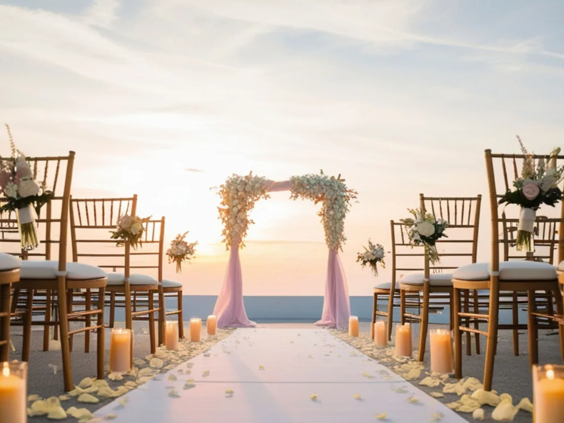 A beach front sunset wedding ceremony.