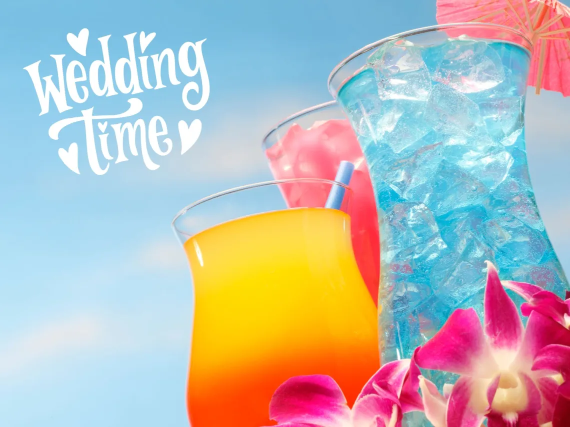 3 vibrant colored tropical wedding cocktails.
