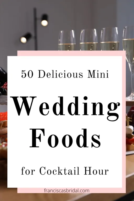A wedding table with mini wedding foods for cocktail hour.